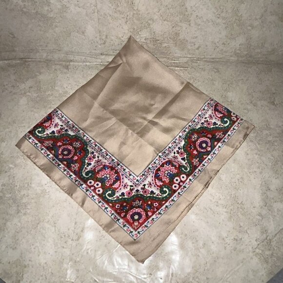 Glentex Vintage Gold Rectangle Red Floral Paisley Trim Polyester Italy Scarf - Picture 6 of 6